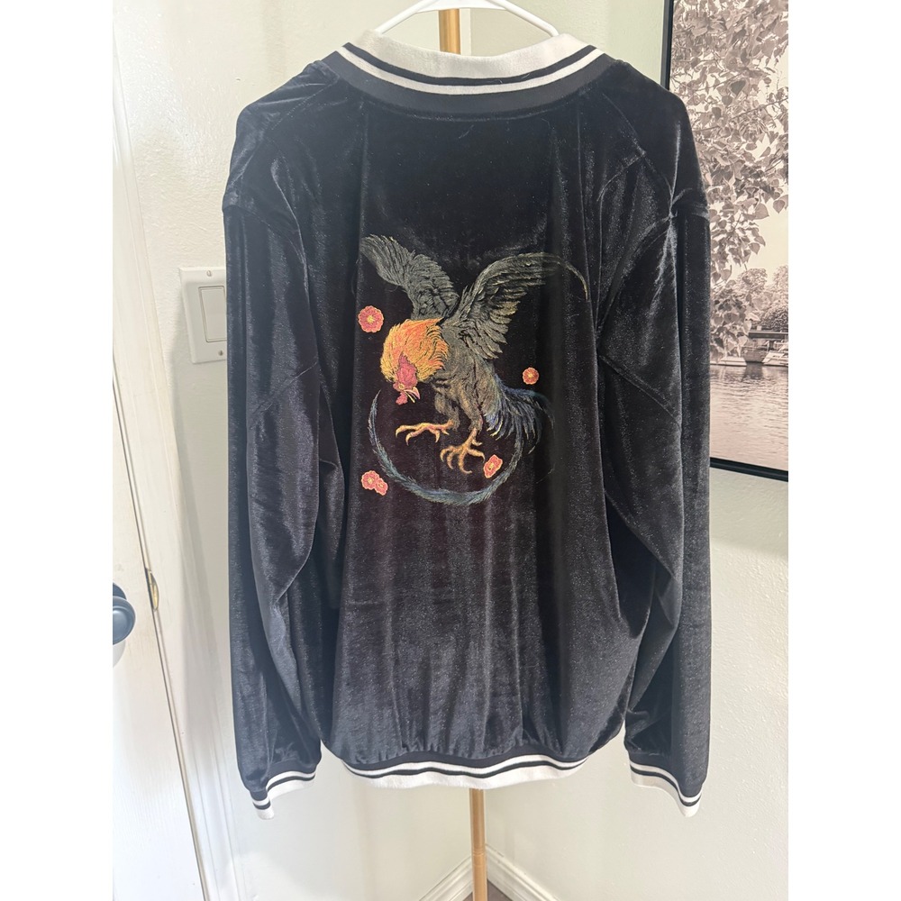 HUF Mens XL Velvet Bomber Jacket Black Embroidered Rooster Back Graphic Zip Up